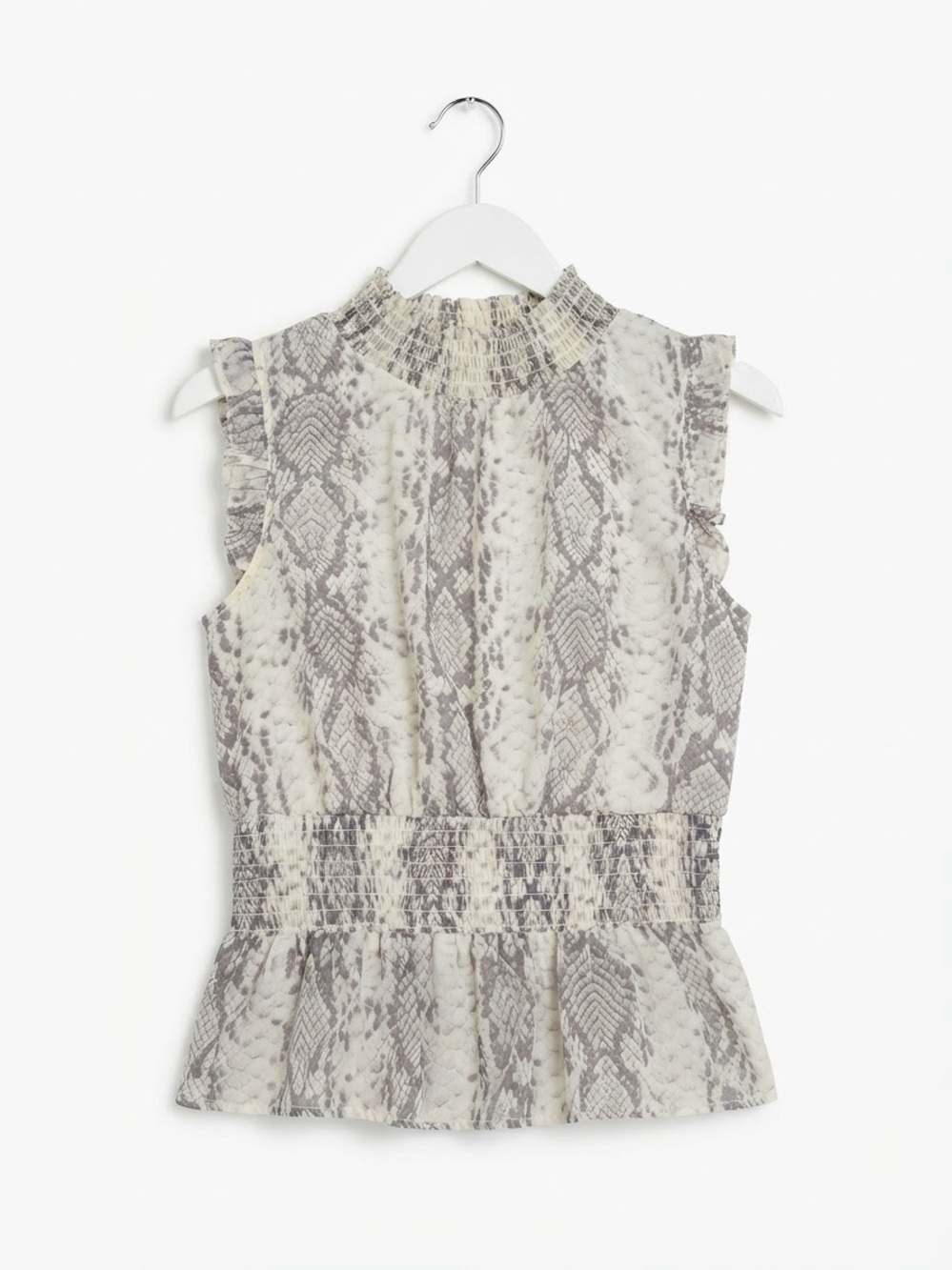 JAPNA Sleeveless Python-Print Smocked Waist Peplum Top - Cream/Gray Small
